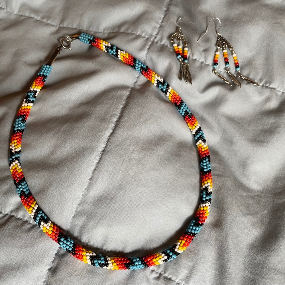 Beaded Aztec Jewelry- Necklace and Earrings